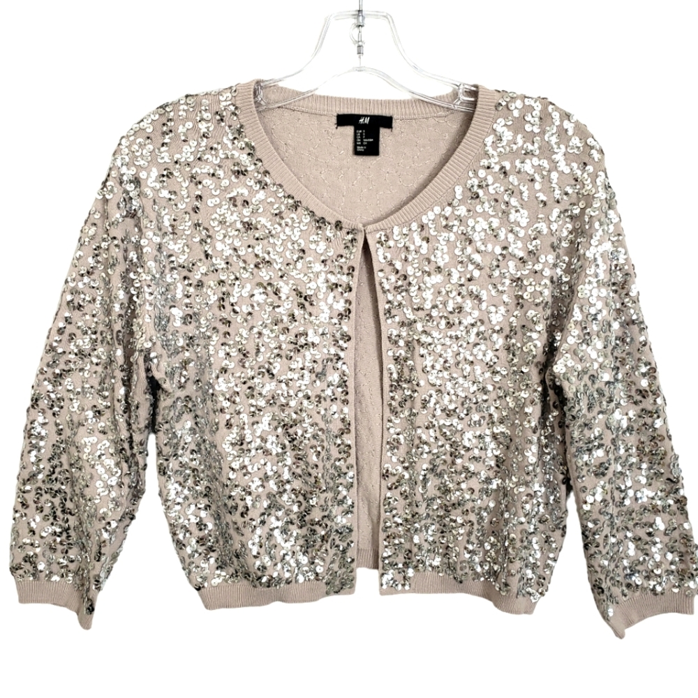 H&M Beige & Silver Sequin Knit 3/4 Sleeve Cropped Retro Inspired ♥ Cardigan
